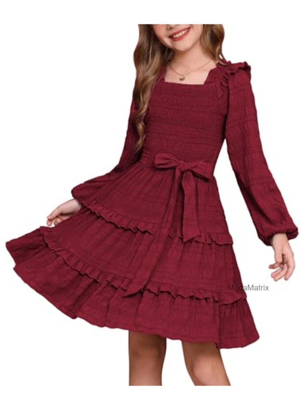 Girls Square Neck Long Sleeve Ruffle Tiered Dress Holiday Party